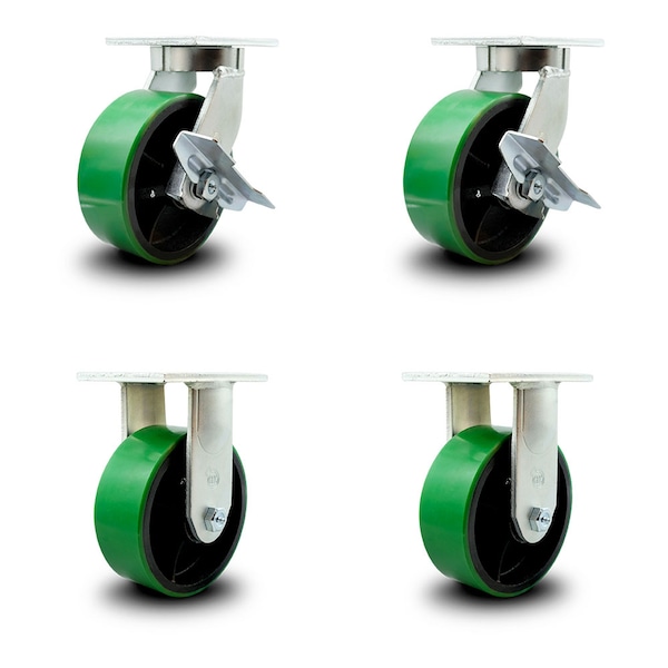 8 Inch Heavy Duty Green Poly on Cast Iron Wheel Caster Brakes 2 Rigid SCC, 2PK